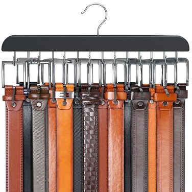 Belt Hanger for Closet Max 42 Belts, Sturdy Wood Belt Rack Closet Accessories with 14 Hooks Belt Organizer for Closet Organizers and Storage -Black 1 Pack