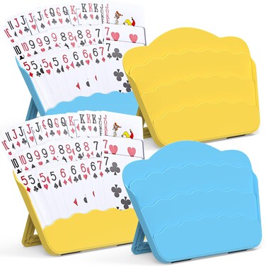 RESOVO Playing Cards Holders Stands Decks w/Foldable Tabletop Stand, 3 Layers Design for Poker UNO Cards, Playing Card Accessories, Set of 4 (2 Blue + 2 Yellow)