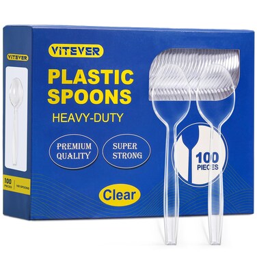 [100 Count] Clear Plastic Spoons Heavy Duty, Premium Disposable Spoons, Durable Plastic Cutlery for for Parties, Picnics, Big Event, Daily Use - Heat Resistant &amp; BPA Free - Clear