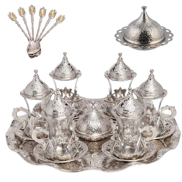 Alisveristime Handmade Turkish Tea Water Zamzam Serving Set Glasses Saucer, Tray and Spoon (Silver)
