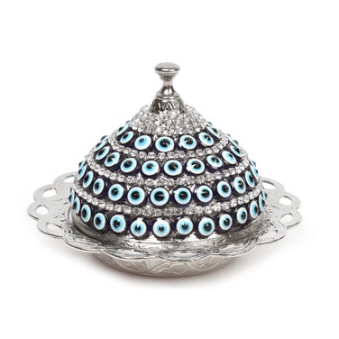 Alisveristime Coated Handmade Brass Sugar Chocolate Candy Bowl Serving Dish with Lid (Evil Eye) (Silver)