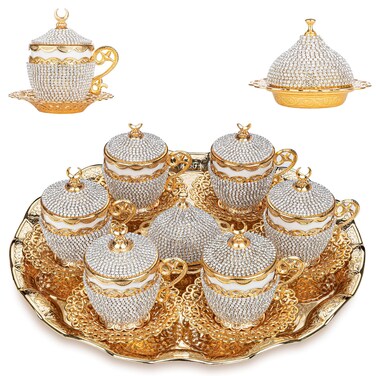 Alisveristime 27 Pc Ottoman Turkish Greek Arabic Coffee Espresso Serving Cup Saucer Crystal Set (Gelincik) - Handcrafted Traditional Set with Hilal Motifs (Gold)