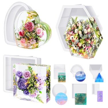 Large Resin Molds, 3 PCS Large Silicone Molds Kit for Resin Including Large Hexagonal and Square Heart Resin Mold, Epoxy Resin Molds for Flower Preservation Kit