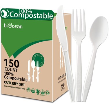 BIOCEAN 100% Compostable No Plastic Knives Forks Spoons Utensils, The Heavyweight Heavy Duty Flatware is Eco Friendly Products for Lounge Party Wedding BBQ Picnic Camping.