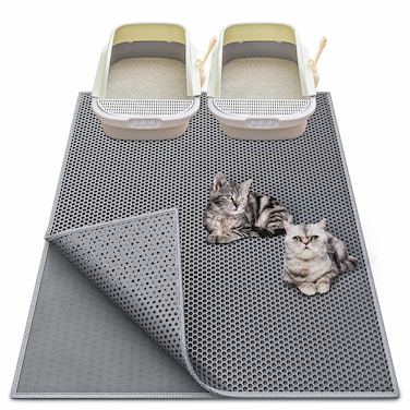 Waretary Large Cat Litter Mat: 36"x 30" Easy-Clean Honeycomb Double-Layer Scatter Control Carpet, Urine &amp; Waterproof Kitty Cat Litter Box Trapping Mat(Grey)