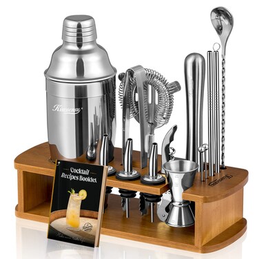 KITESSENSU Cocktail Shaker Set Bartender Kit with Stand   Bar Set Drink Mixer Set with All Essential Accessory Tools: Martini Shaker, Jigger, Strainer, Mixer Spoon, Muddler, Liquor Pourers  Silver