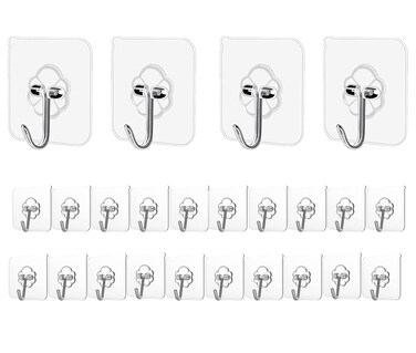 Elegana Adhesive Hooks Kitchen Wall Hooks - 24 Packs Heavy Duty 33lb(Max) Nail Free Sticky Hangers with Stainless Hooks Waterproof and Oilproof Reusable Utility Towel Bath Ceiling Hooks