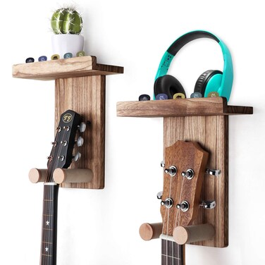 Keebofly Guitar Wall Mount,2 Pack Guitar Wall Hangers Holder Guitar Hangers Shelf with Pick Holder Wood Guitar Rack for Acoustic or Electric Guitar,Ukulele,Bass,Mandolin Brown,[Patented]