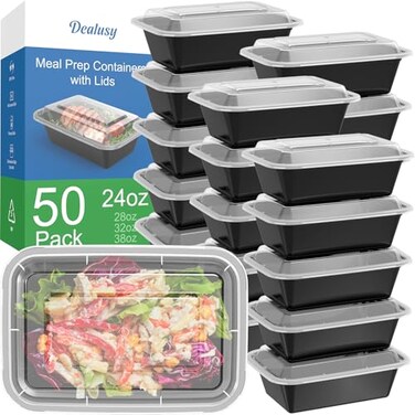 Dealusy 50 Pack (100-Piece) 24 oz Meal Prep Containers Reusable with Lids, Sturdy Leakproof &amp; Food Safe, Microwave, Freezer, Dishwasher Safe Food Prep Containers, To Go Take Out Plastic Food Storage
