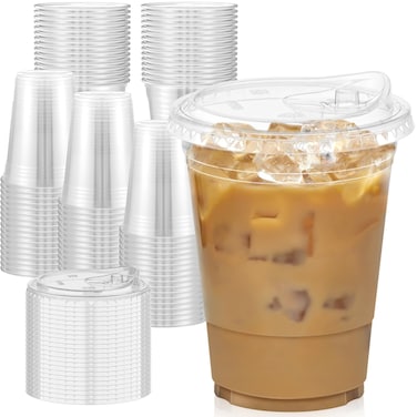 Dealusy 100 Pack - 16 oz Clear Plastic Cups with Lids, Sturdy &amp; Food Safe Iced Coffee Cups with lids, Iced Coffee Cup, Disposable Cups Plastic Coffee Cups Smoothie Cups for Cold Drinks, Sip Lids