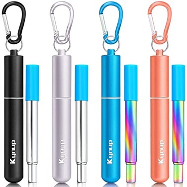 Kynup Reusable Straws, 4Pack Collapsible Portable Metal Straw Reusable Foldable Stainless Steel Drinking Travel Telescopic Straw with Case, Clean Brush, Keychain Gifts (Blue-Black- Rose Gold-Silver)