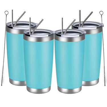 MEWAY 20oz Tumbler 4 Pack Double Wall Vacuum Insulated Travel Mug Bulk, Stainless Steel Tumblers with Lid and Straw, Durable Powder Coated Coffee Cups for Cold &amp; Hot Drinks (Light Blue, 4)