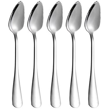 5 PCS Grapefruit Spoons, Stainless Steel Grapefruit Spoon Utensil Set, Serrated Edge &amp; Thick Gauge Handle, Silver Kitchen Tool with Non-stick Plating for Kiwi, Dessert, Apple, Citrus Fruit