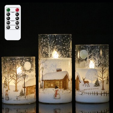 DRomance Snowman Glass Flameless Candles Battery Operated with Remote and Timer Real Wax LED Flickering Pillar Candles White Cold Light Window Christmas Holiday Decor D3 x 4",5",6
