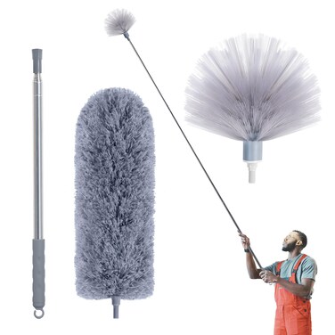 IVYROLL Cobweb Duster with Extension Pole, Spider Web Brush &amp; Ceiling Cleaning Kit, 100" Microfiber Feather Duster Cleaner with Washable Head for Ceiling Fan, Furniture, Home