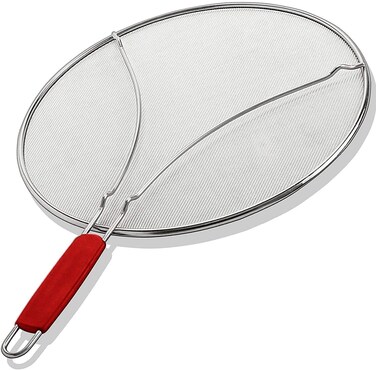 ALPHA LIVING Splatter Guard for Frying Pan &amp; Food Strainer and Universal Cookware 13" - Stops Hot Oil Splash - RED Handle - Splatter Screen for Cooking