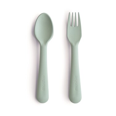 mushie Flatware Fork and Spoon Set for Kids   Made in Denmark (Sage)
