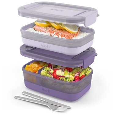 Ello 2-Pack Bento Box Lunch Stack Plastic Food Storage Container   Leak-Proof Locking Plastic Lids   Silicone Base   BPA-Free   Freezer Microwave and Dishwasher Safe   Wisteria
