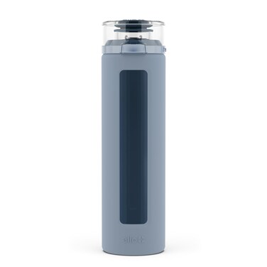 Ello Syndicate 20oz Reusable Glass Water Bottle with One-Touch Leak Proof Flip Lid, Protective Non-Slip Silicone Sleeve, Carry Loop for Coffee, Tea and Water, BPA-free, Dishwasher Safe, Tech Blue