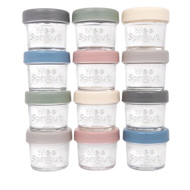 WeeSprout Glass Baby Food Storage Jars w/Lids (4 oz, 12 Pack Set) Snack, Puree, Reusable Small Containers, Breast Milk, Fridge or Freezer, Microwave &amp; Dishwasher Safe, Essential Must Have for Infants
