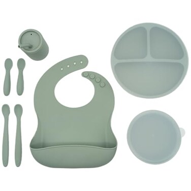 WeeSprout Baby Led Weaning Bundle, Silicone Suction Bowl, Spoons, Bib &amp; Cup, Develops Self Feeding Skills, Dishwasher Safe (Green)