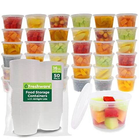 Freshware Food Storage Containers [50 Set] 16 oz Plastic Deli Containers with Lids, Slime, Soup, Meal Prep Containers   BPA Free   Stackable   Leakproof   Microwave/Dishwasher/Freezer Safe