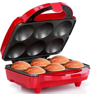 Holstein Housewares - Non-Stick Cupcake Maker, Red - Makes 6 Cup Cakes, Muffins, Cinnamon Buns, and more