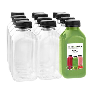 12 oz Juice Bottles with Caps for Juicing (12 pack) - Reusable Clear Empty Plastic Water Bottles - Drink Containers for Mini Fridge, Juicer Shots Includes Labels, Brush &amp; Funnel