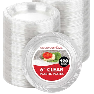 Stock Your Home 6-Inch Clear Plastic Dessert Plates (120 Pack) Flexible Disposable Clear Plates for Dessert &amp; Appetizers, Crystal Clear Small Plates for Parties &amp; Catering, Clear Plastic Party Plates