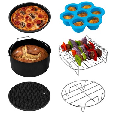 COSORI Air Fryer Accessories, Set of 6 Perfect for Most 5.0 Qt and Larger Ovens, Cake &amp; Pizza Pan, Metal Holder, Rack &amp; Skewers, etc, BPA Free, Nonstick, Dishwasher Safe, 5.8 QT, Black