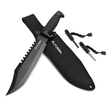 FLISSA Survival Hunting Knife with Sheath, 15-inch Full Tang Fixed Blade Tactical Bowie Knife with Sharpener &amp; Fire Starter for Camping, Outdoor, Bushcraft