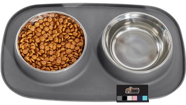 Gorilla Grip 100% Waterproof BPA Free Cat and Dog Bowls Silicone Feeding Mat Set, Stainless Steel Bowl Slip Resistant Raised Edges, Catch Water, Food Mess, No Spills, Pet Accessories, 2 Cup Gray