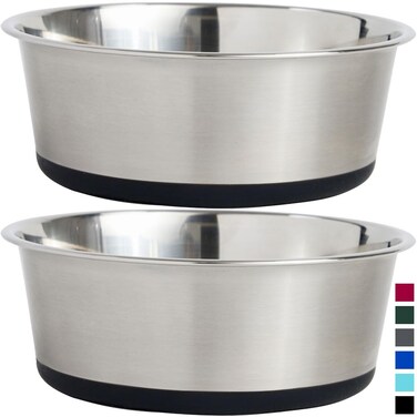 Gorilla Grip Set of 2 Dog Bowls, Heavy Duty Metal Food and Water Bowl for Feeding Dogs and Cats, Dishwasher Safe, Rust Resistant Stainless Steel, BPA Free Rubber Base, Holds 2 Cups (16 fl oz), Black