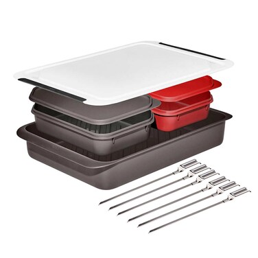 OXO SoftWorks Grilling Prep &amp; Carry System, Dishwasher Safe, BPA Free, All-In-One, Color-Coded Trays with Lids, Deep Tray for Marinades/Oily Food, White/red/brown