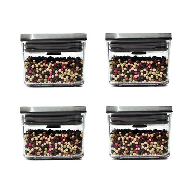 OXO Steel POP Small Square Container - 0.4 Qt (Pack of 4) Airtight Food Storage for Dried Herbs &amp; More, Grey
