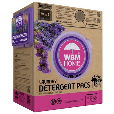 WBM 10-in-1 Laundry Detergent Pods, Fabric Softener with Lavender Extracts, High-Efficiency Laundry Pods with Powerful Stain Lifter Technology - 128 Count Bag