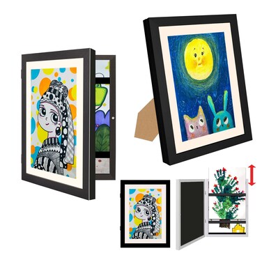 UBeesize Kids Art Frame - 2 Pack A4 Artwork Display Kids Frames Front Opening Holds 50 - Changeable Picture Display 8.27x11.69 Without Mat and 6.1x9.6 With Mat - Storage Frames with Easel Back(Black)