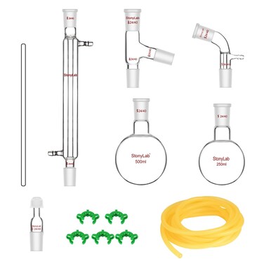 stonylab Glass Distillation Apparatus, Simple Distillation Kit with 24/40 Joint and 500 ml Reaction Flask for Normal Pressure/Low Vacuum Distillation Lab Glassware Kit