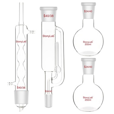 stonylab Borosilicate Glass Soxhlet Extraction Apparatus, 40/38 Soxhlet Extractor and Allihn Condenser with Two 250 ml 24/40 Flat Bottom Flasks Lab Extraction Essentials
