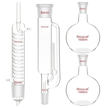 stonylab Soxhlet Extraction Kit with Borosilicate Glass 60/45 Soxhlet Extractor, Graham Condenser and Two 1000 ml 29/42 Flat Bottom Flasks for Lab Use
