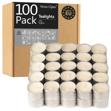 HomeLights Unscented Tealight Candles - 100 Pack, 8hr Smokeless White Votive Candles for Shabbat, Weddings, Home Decor