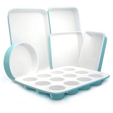 NutriChef 6-Piece Baking Pan Set, Carbon Steel Bakeware with Premium Ceramic Nonstick Coating, Includes 12-Cup Muffin Pan, Cake &amp; Loaf Pan, Wide Bake Pan, &amp; Cookie Sheet - Turquoise