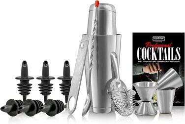 NutriChef Mixology Bartender Cocktail Shaker Set - Includes 15 &amp; 30 oz Stainless Steel Shakers, 6 Bottle Pourers &amp; More - Essential Martini Making Kit - Drink Mixing Set - 15 Piece Cocktail Bar Set