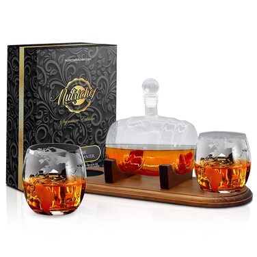 NutriChef Glass Whiskey Decanter - 750ml Barrel Whiskey Carafe Alcohol Decanter Set with Glasses, Liquor Decanter w/ Stopper &amp; Base, For Brandy Wine Cognac Rum Gin Scotch Bourbon - NCGDS19