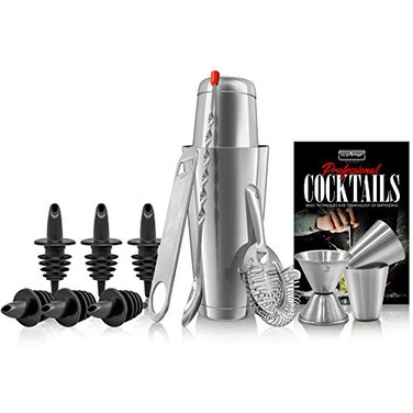 NutriChef Mixology Bartender Cocktail Shaker Set - Includes 15 &amp; 30 oz Stainless Steel Shakers, 6 Bottle Pourers &amp; More   Essential Martini Making Kit   Drink Mixing Set   15 Piece Cocktail Bar Set