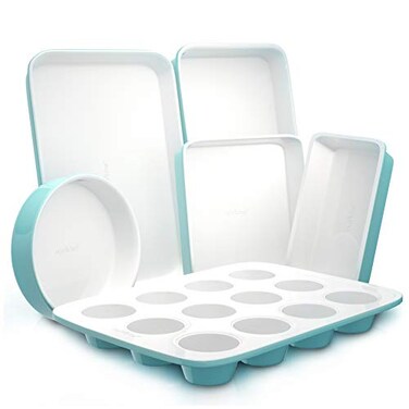 NutriChef 6-Piece Baking Pan Set, Premium Carbon Steel Bakeware with Durable Ceramic Non-Stick Coating - Includes Wide Baking Pan, Medium Size Cookie Sheet, Muffin Pan, Cake &amp; Loaf Pan - Turquoise