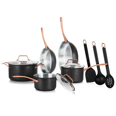 NutriChef 11 Pcs. Stylish Kitchen Set w/Modern Cookware Design Non-Stick Kitchenware Pots, Small &amp; Medium Skillet Fry Pans w/Golden Handles, NCONYX