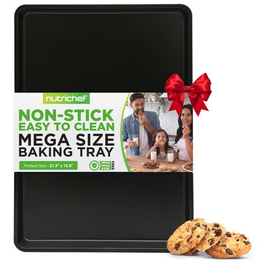 NutriChef Nonstick XL Cookie Sheet Baking Pan - Extra Large 22 Inch x 16 Inch with Raised Edges, Thick Carbon Steel Oven Baking Sheet for Jelly Rolls, Cookies, Cakes, &amp; Pastries - Black