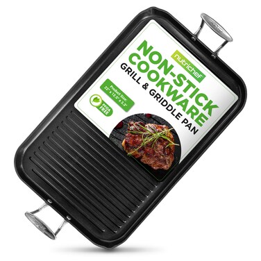 NutriChef 20"x13" Stove Top Grill Pan - Double Burner, Hard-Anodized Non stick Grill &amp; Griddle Pan