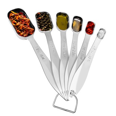 NutriChef Stainless Steel Measuring Spoons Set - 6Pc Heavy Duty Oval Shaped Metal Measuring Spoon for Dry or Liquid Ingredients, Teaspoon and Tablespoon Set w/ Metric &amp; US Measurement - NCMMS6